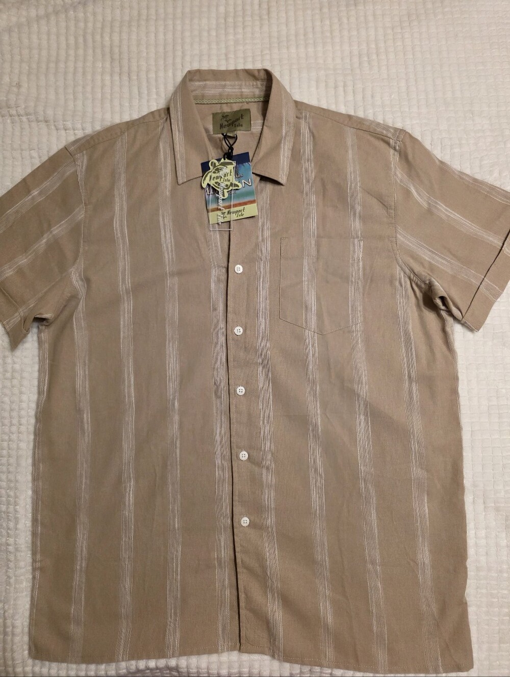 Newport Short-Sleeve Tan and White Stripe Button-Down Shirt